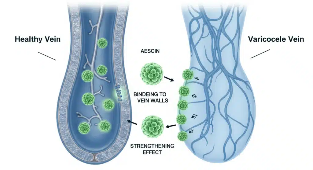 Aescin triterpenoid saponins binding to varicocele vein walls, strengthening collagen structure and reducing venous dilation