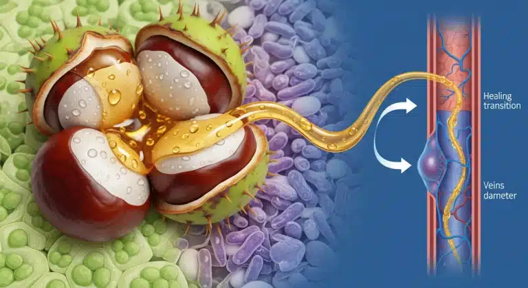 Horse chestnut seed aescin extract flowing into varicocele venous system, showing natural treatment pathway for testicular vein health