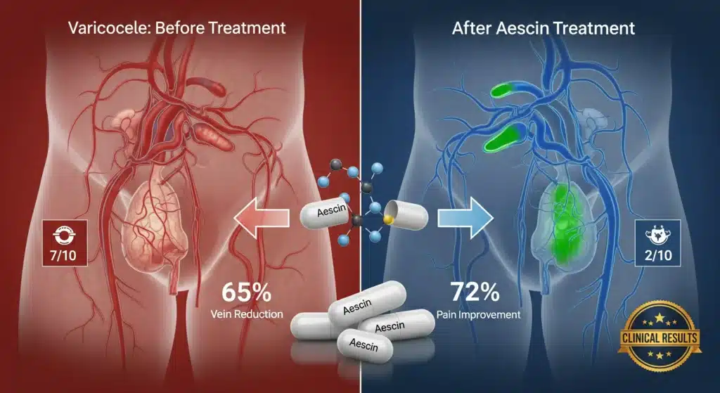 Varicocele before treatment vs after aescin therapy comparison showing significant vein size reduction and symptom improvement