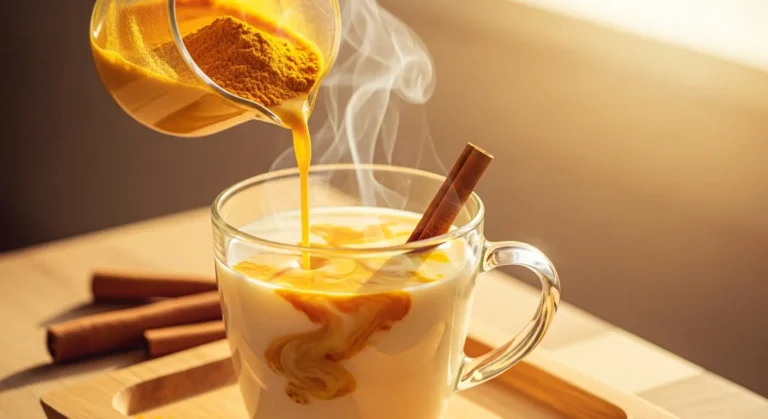 Beautiful preparation of traditional golden milk with turmeric, showing time-tested method of consuming curcumin with black pepper and healthy fats for enhanced absorption