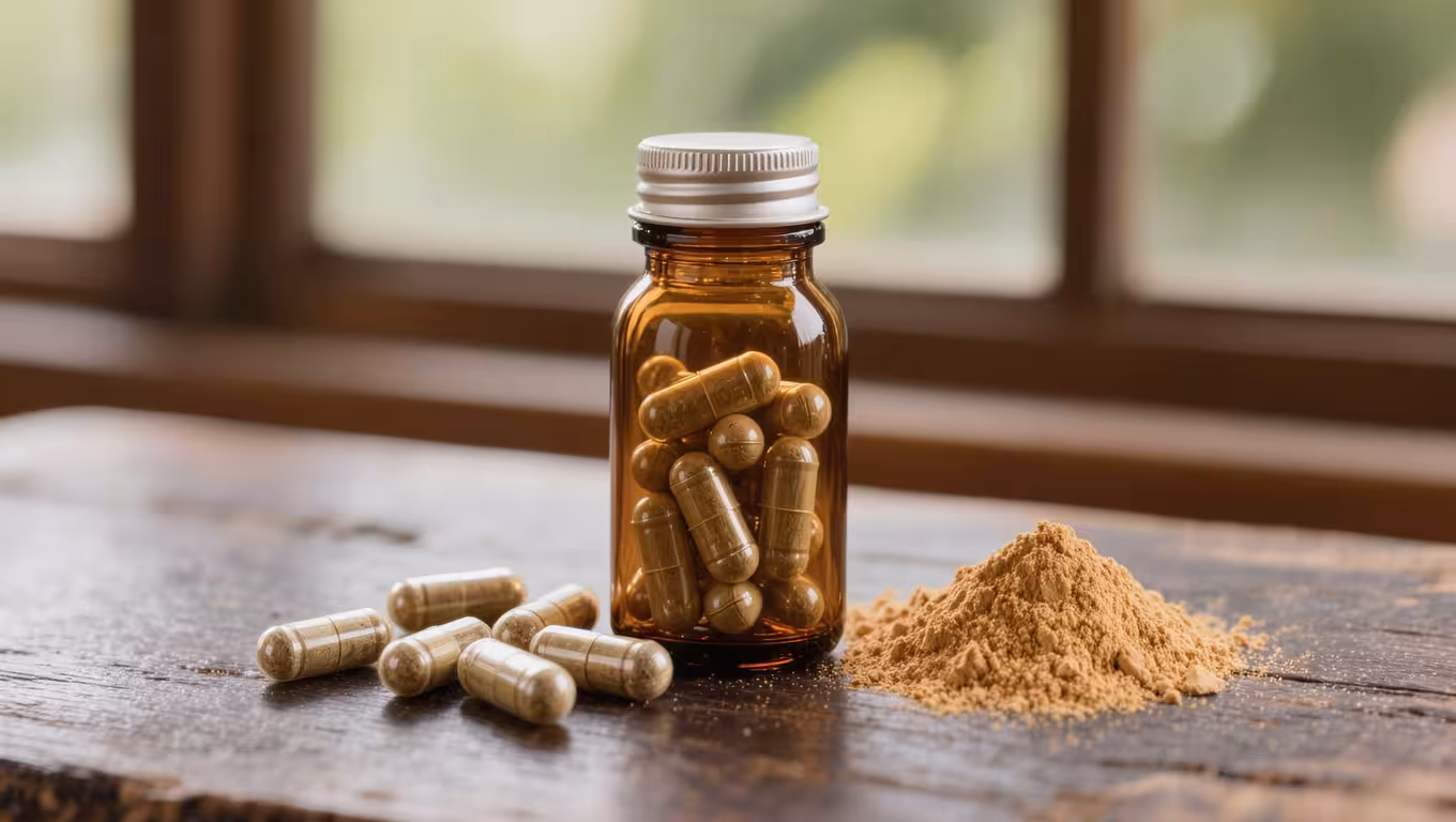 Ashwagandha supplement capsules spilled from amber glass bottle with powder on wooden surface