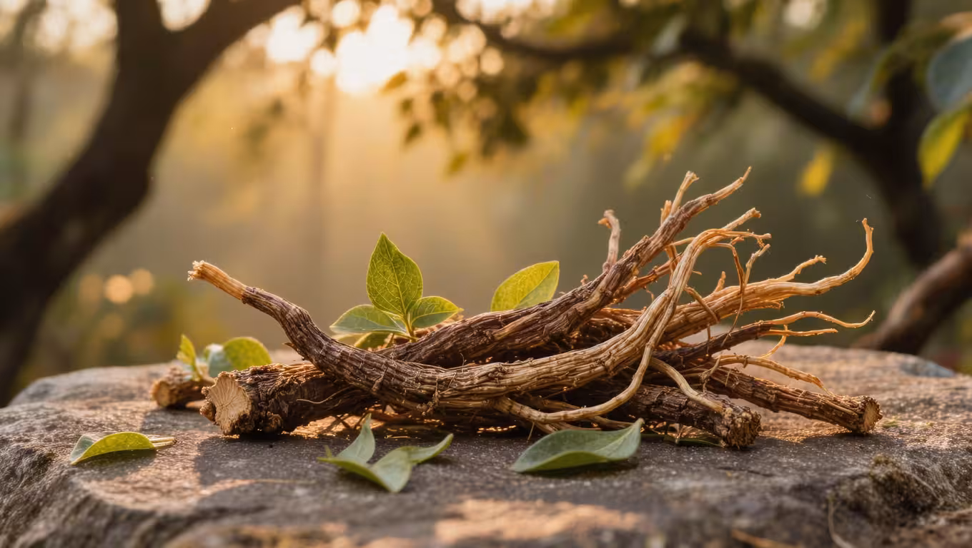 Ashwagandha roots arranged with fresh green leaves on natural stone surface