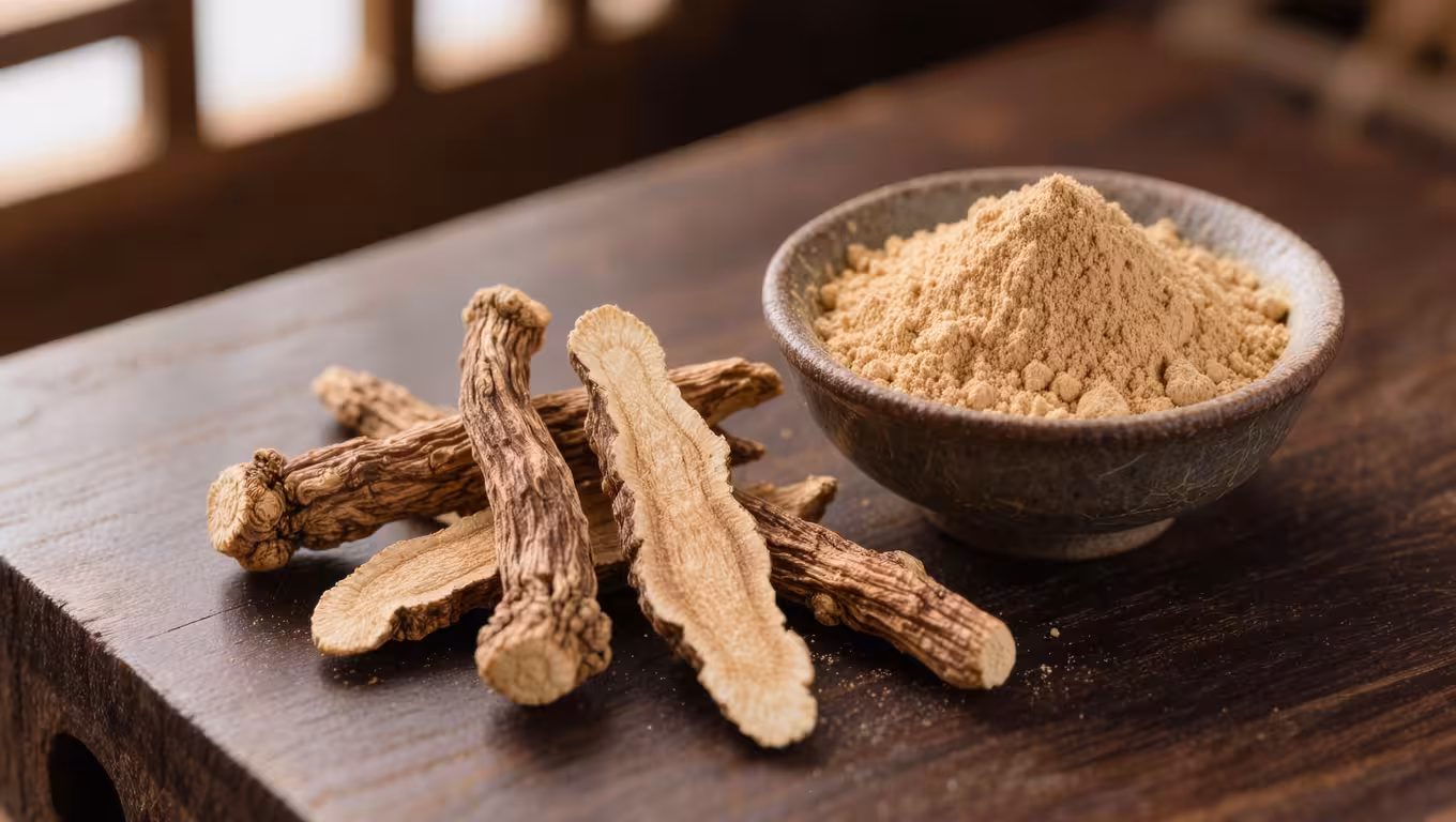 Dried ashwagandha roots and fine powder in a ceramic bowl on dark wooden surface, natural texture visible