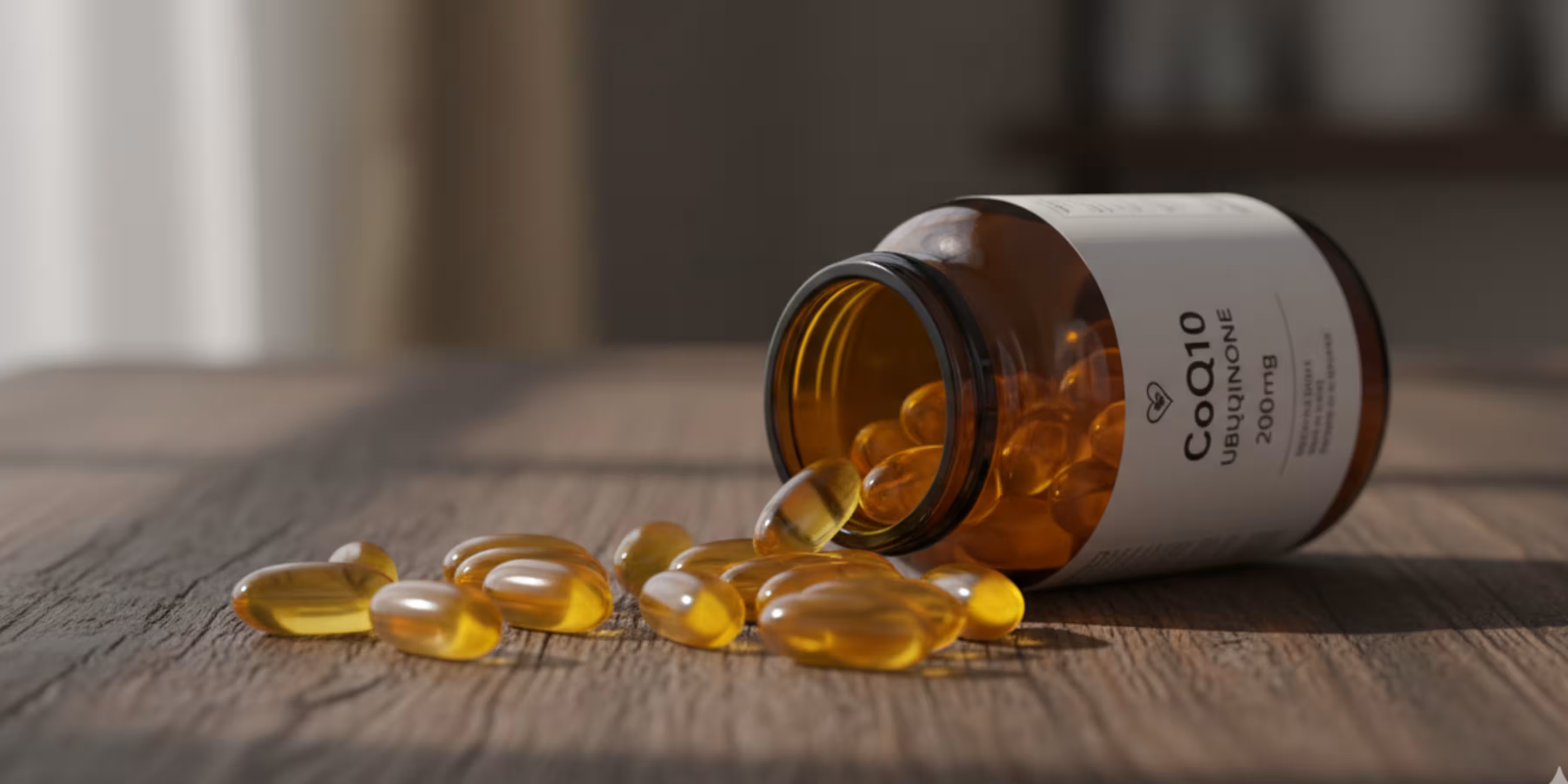 CoQ10 supplement capsules in amber glass bottle spilled on dark wooden surface