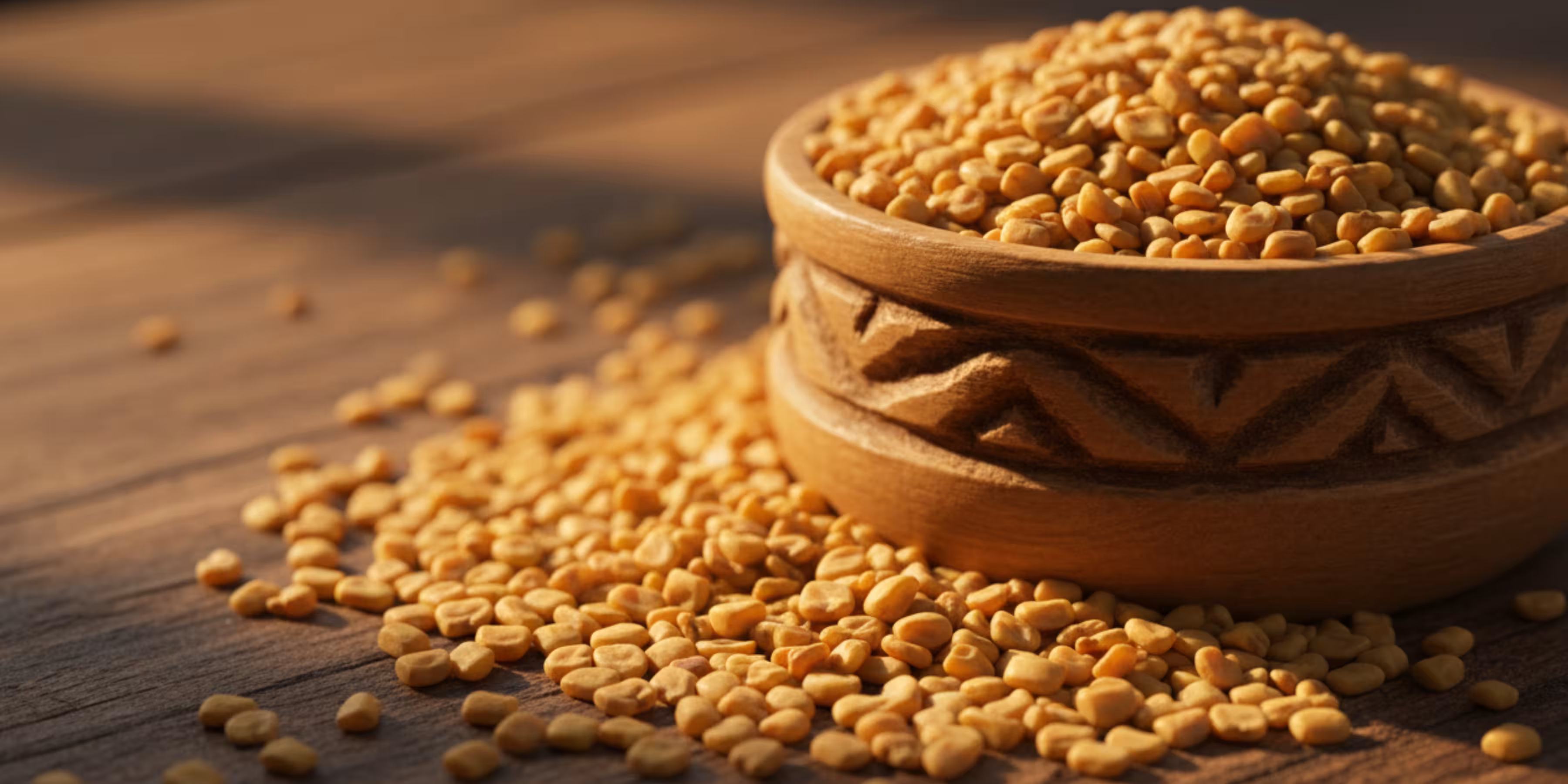 Fenugreek seeds in wooden bowl scattered on rustic surface
