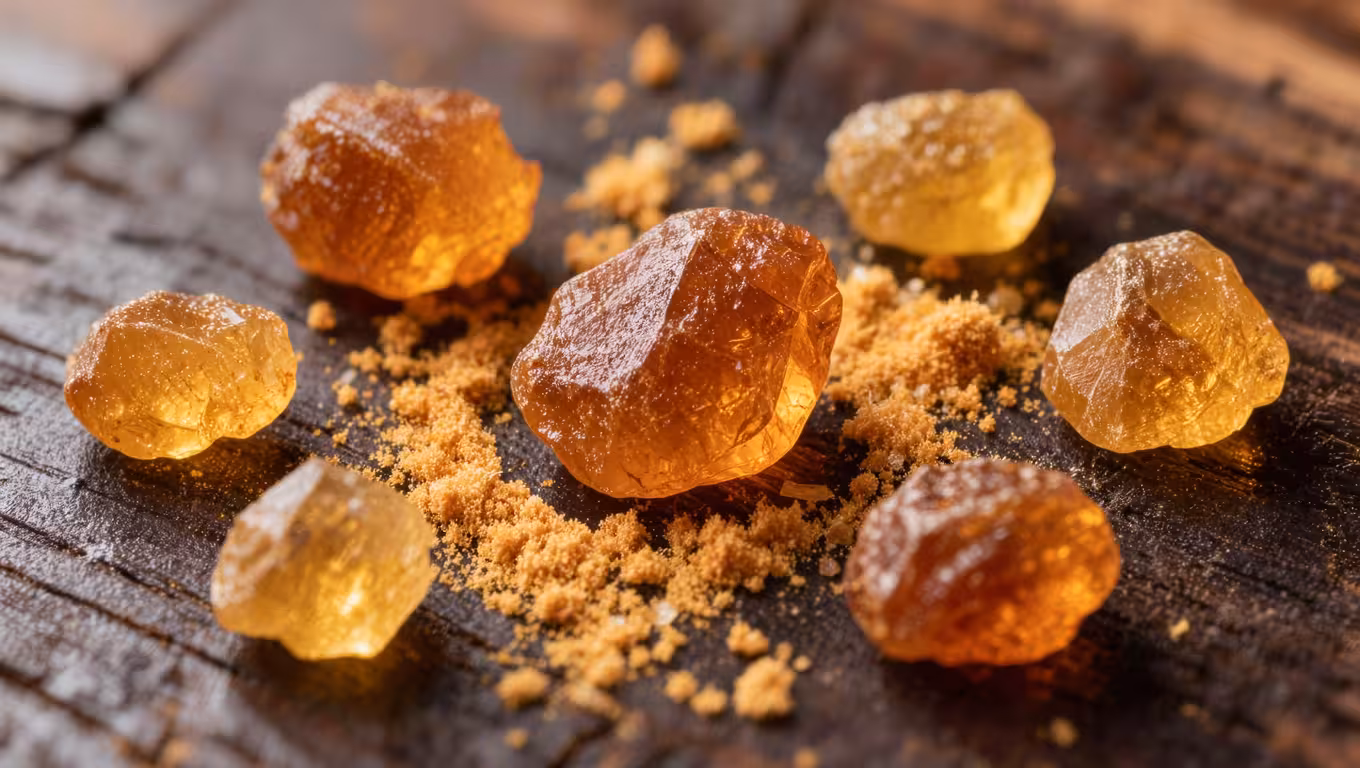 Golden brown frankincense resin pieces scattered on dark wooden surface with powder