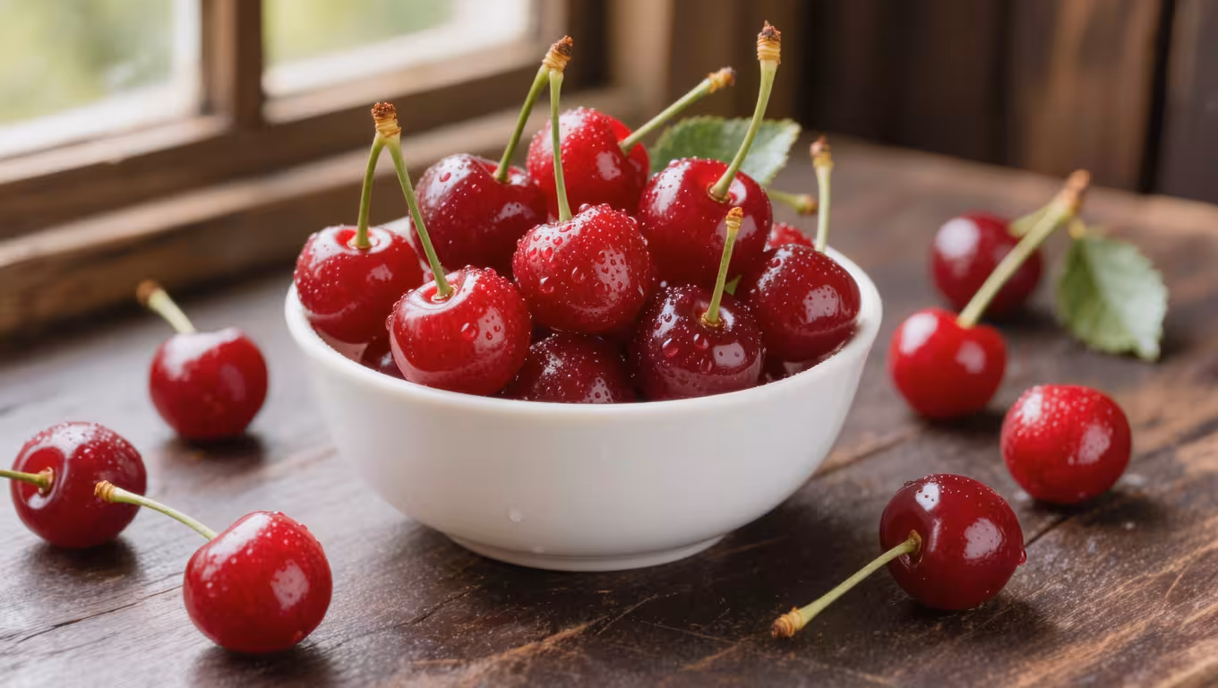 Bright red tart cherries in ceramic bowl with fresh green leaves, some cherries scattered on wood