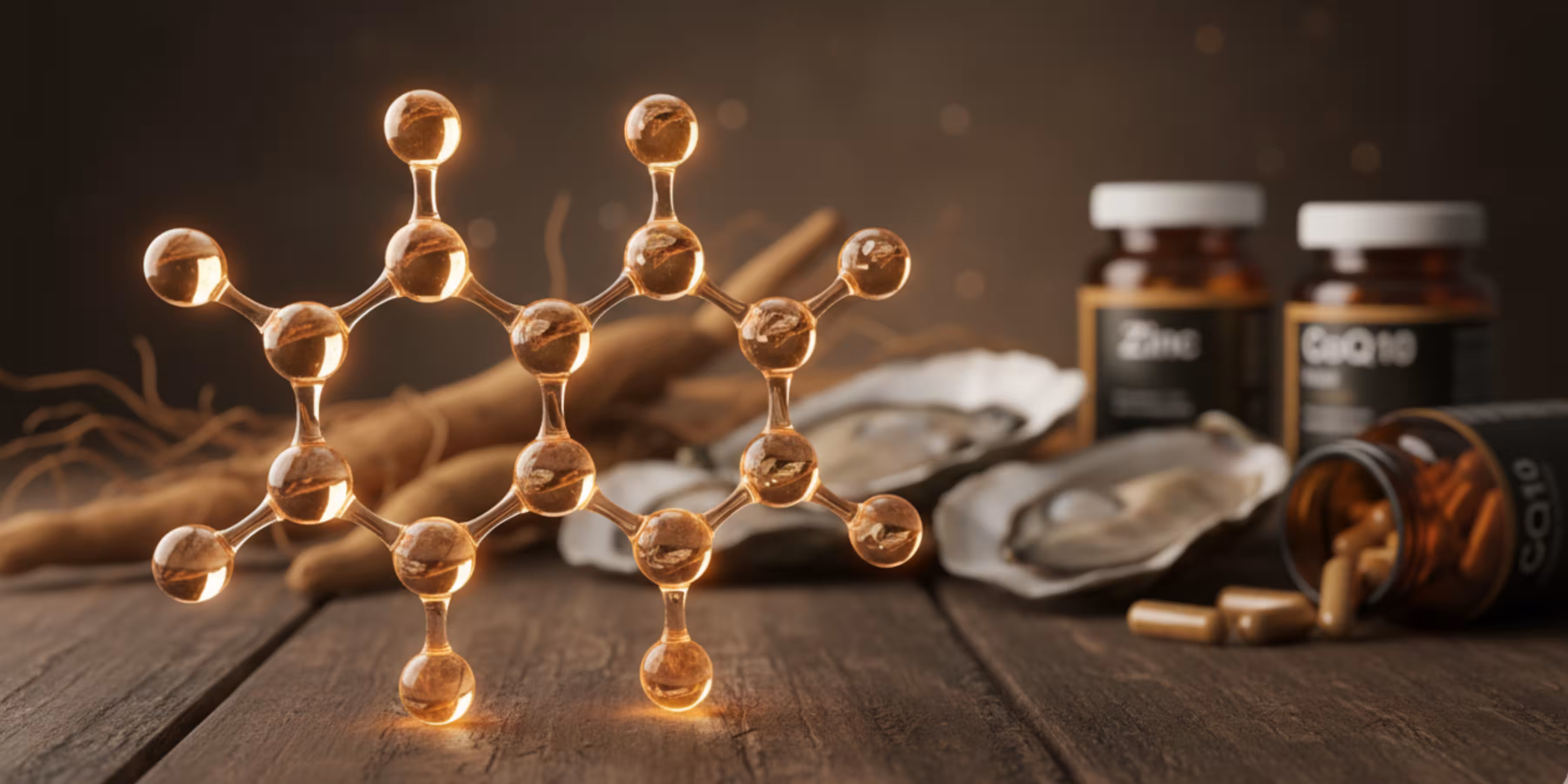 3D rendered testosterone molecule model with natural supplements in background on wooden surface