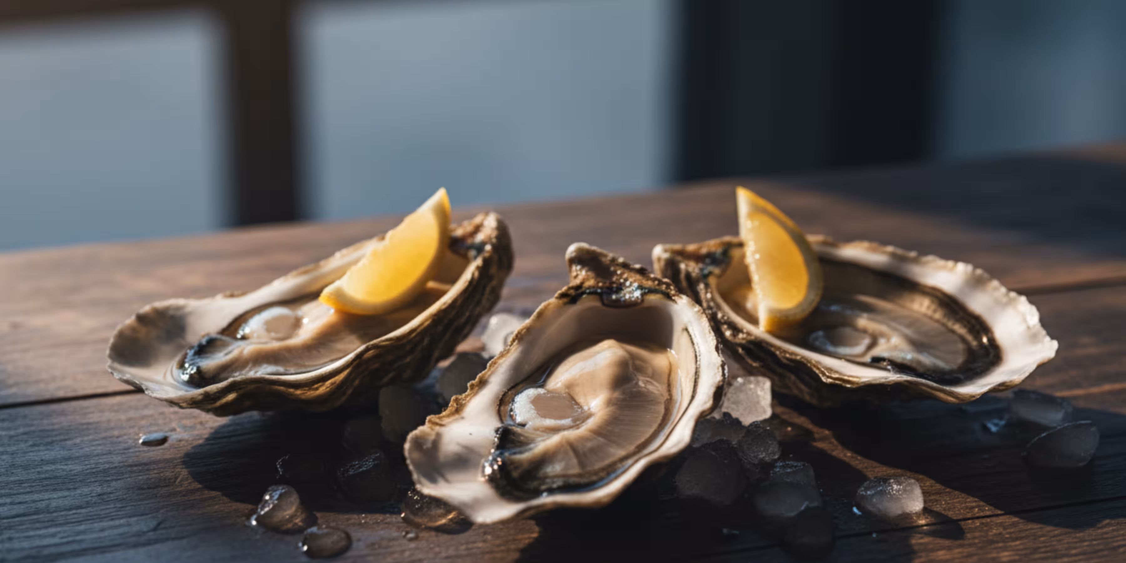 Fresh oysters on half shell with lemon wedge for zinc on wooden surface