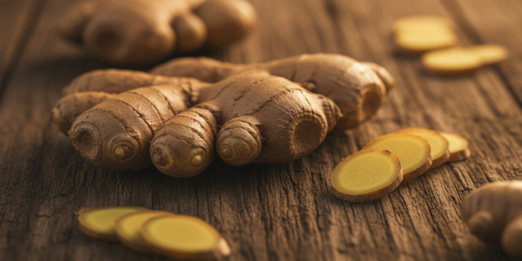 Fresh ginger root with sliced pieces on rustic wooden surface