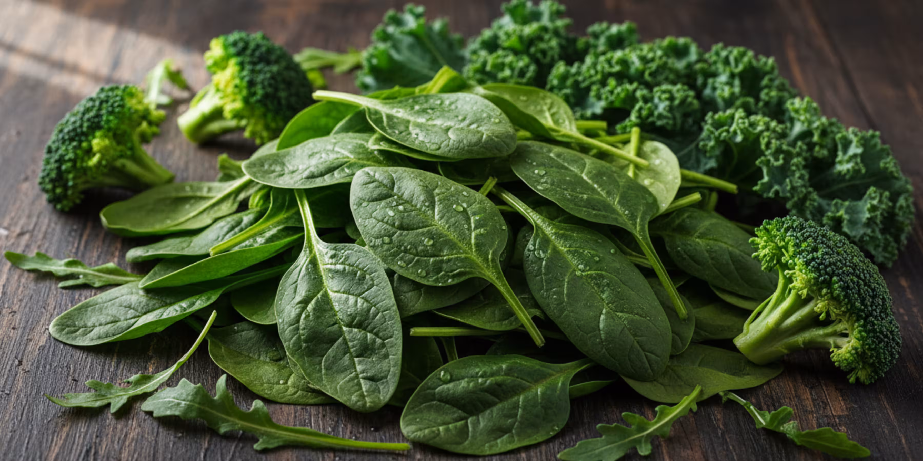 Fresh green vegetables including spinach and broccoli on wooden surface