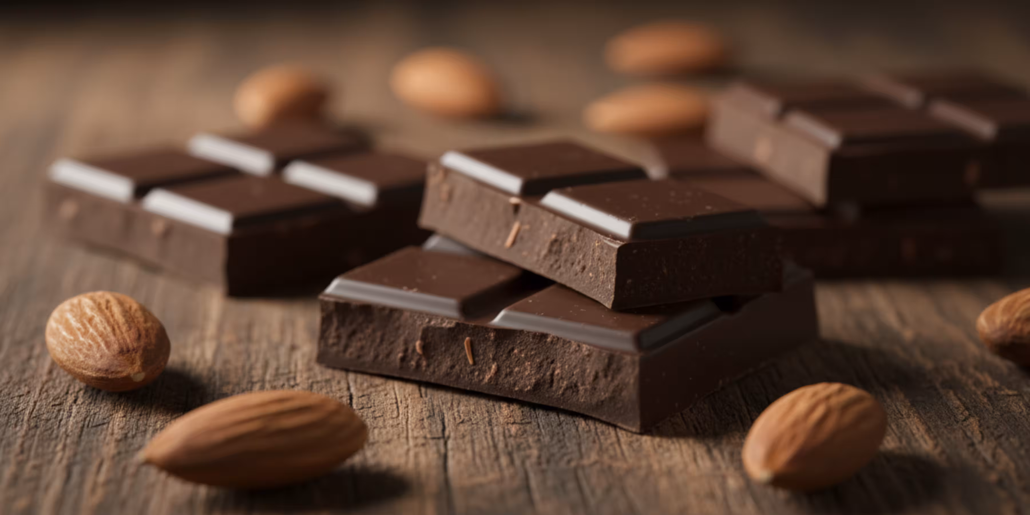 Magnesium-rich dark chocolate pieces and almonds on wooden surface