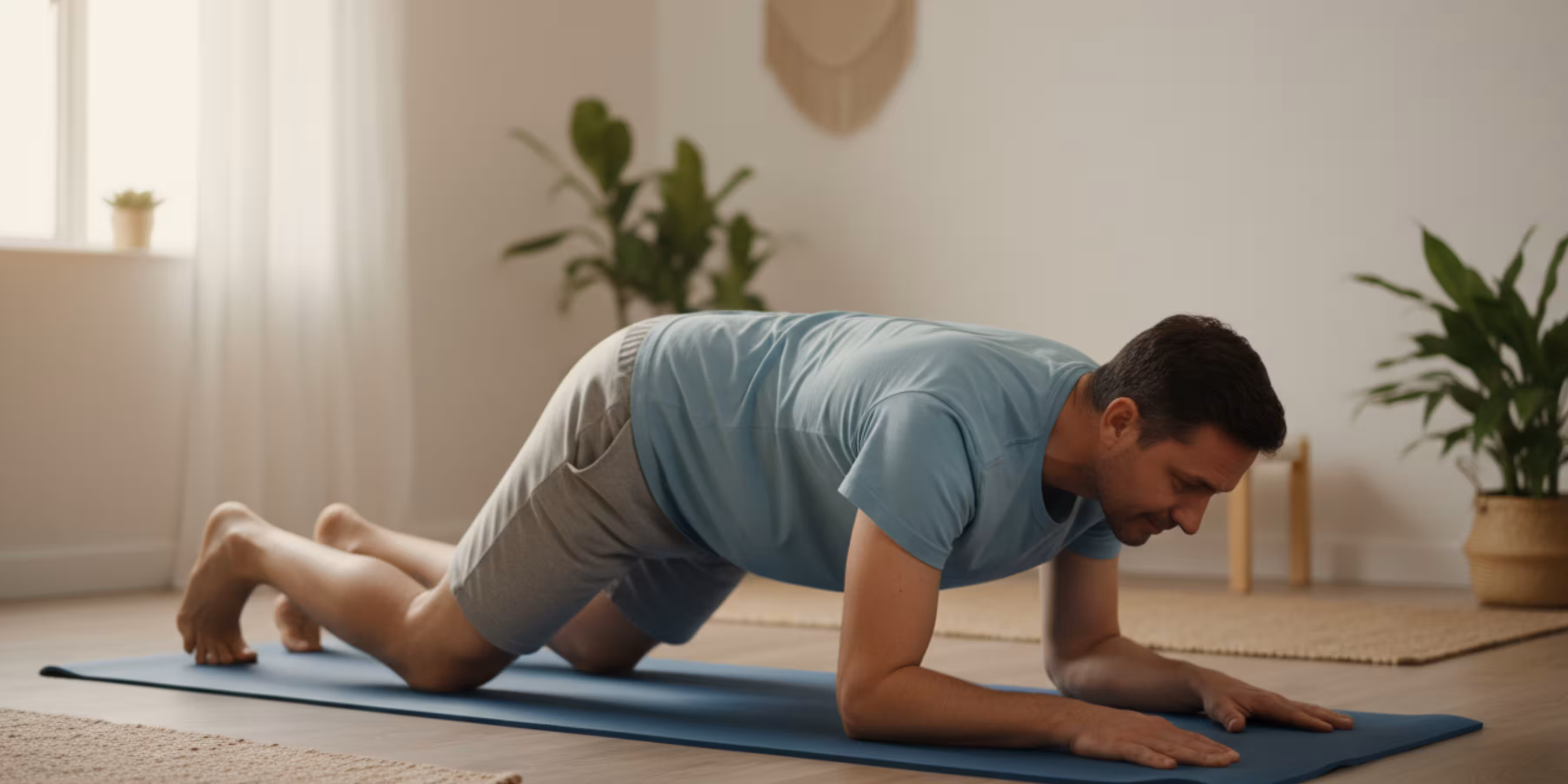 Person doing pelvic floor exercises or yoga poses on mat for varicocele management