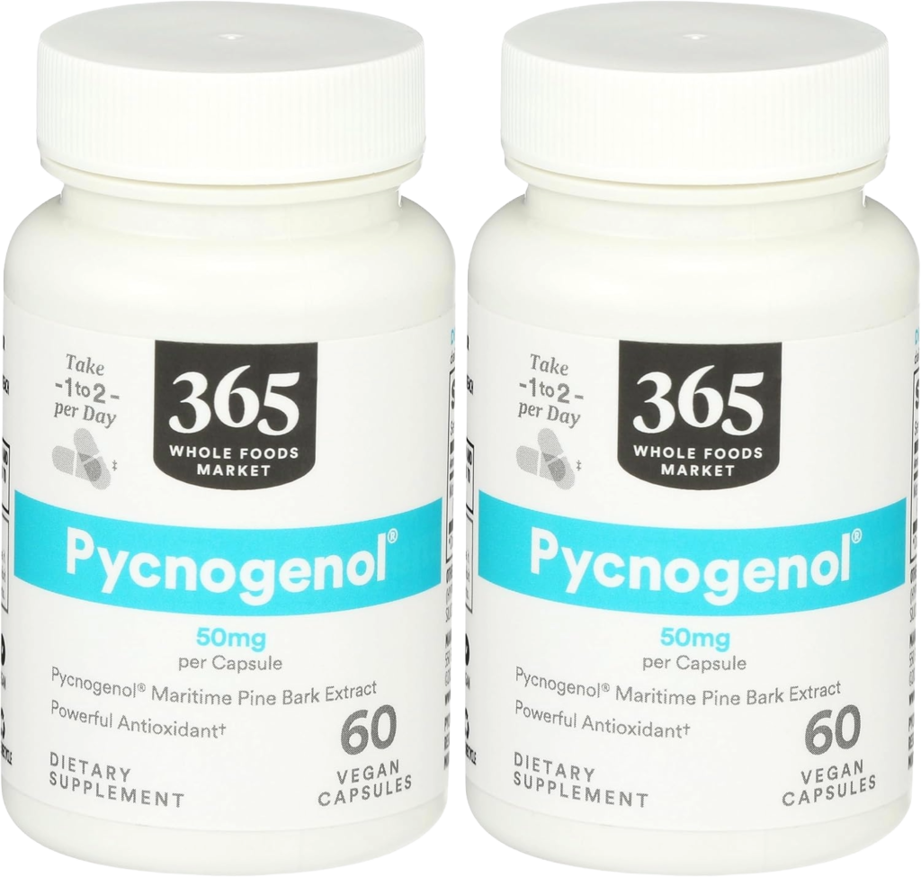 Pine bark extract capsules with actual pieces of pine bark on dark wooden surface