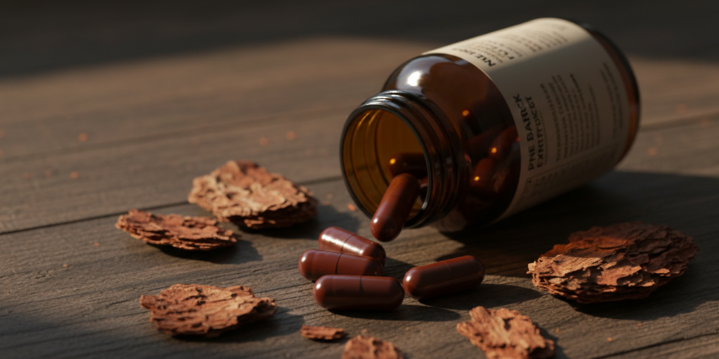 Pine bark extract capsules with pieces of pine bark on wooden surface