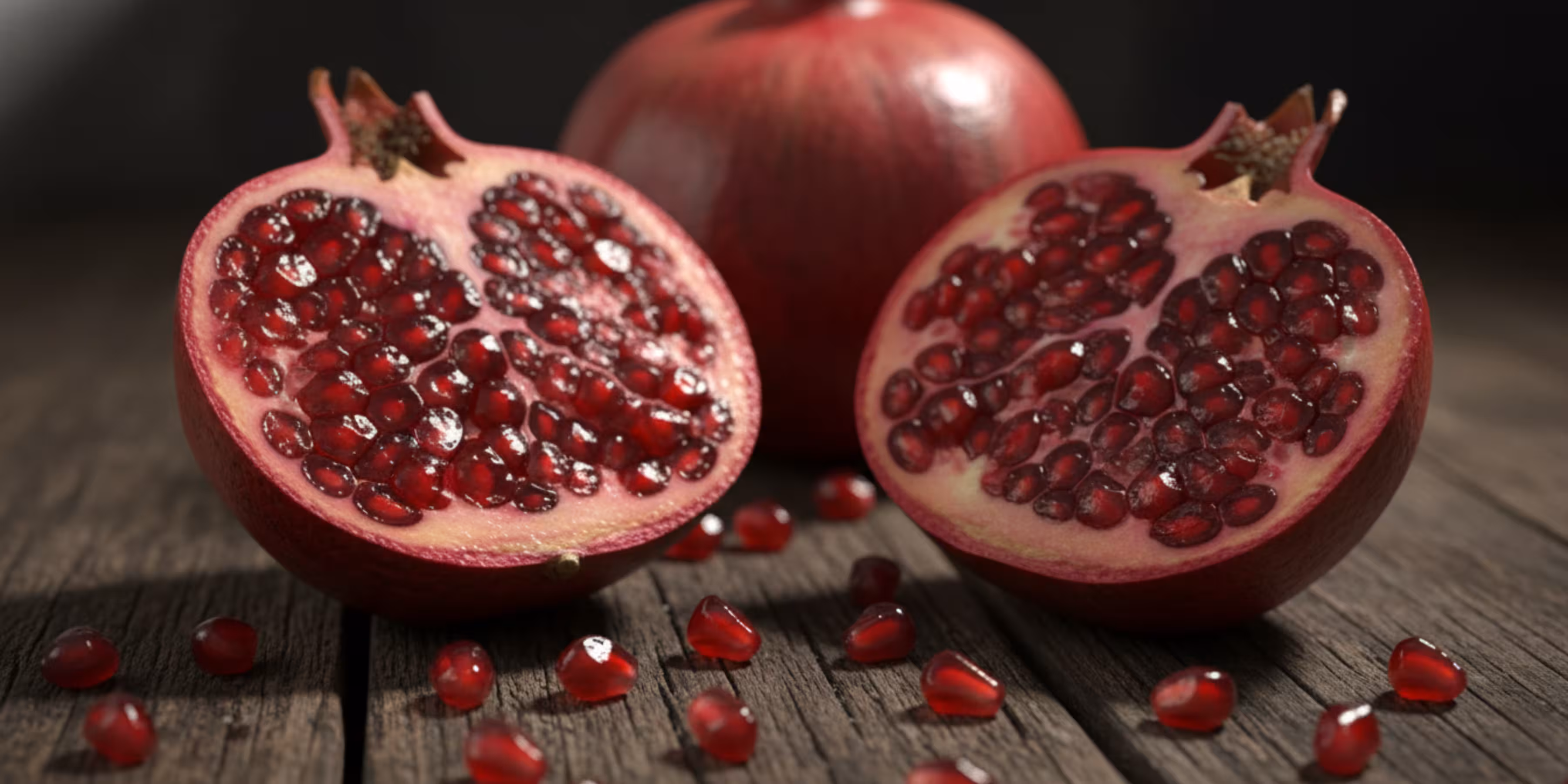 Fresh pomegranate halved showing ruby red arils with scattered seeds on wooden surface
