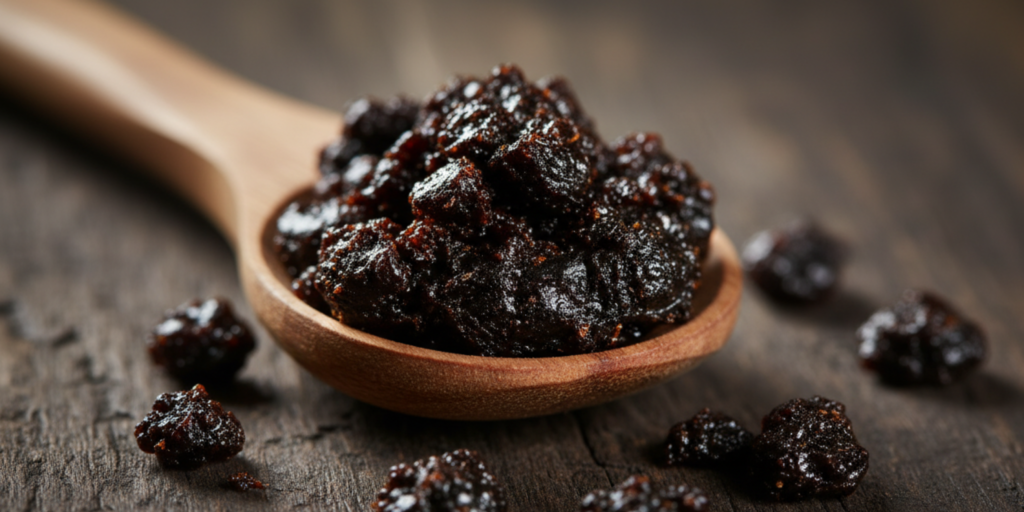 Pure shilajit resin in wooden spoon on dark rustic surface