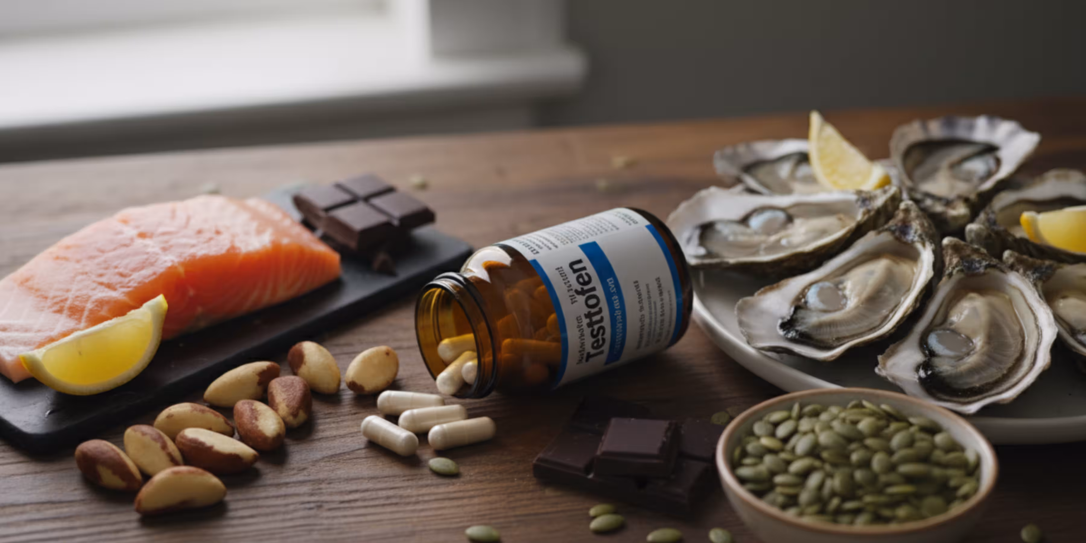 Testofen supplement with zinc-rich oysters and selenium-rich Brazil nuts for male fertility