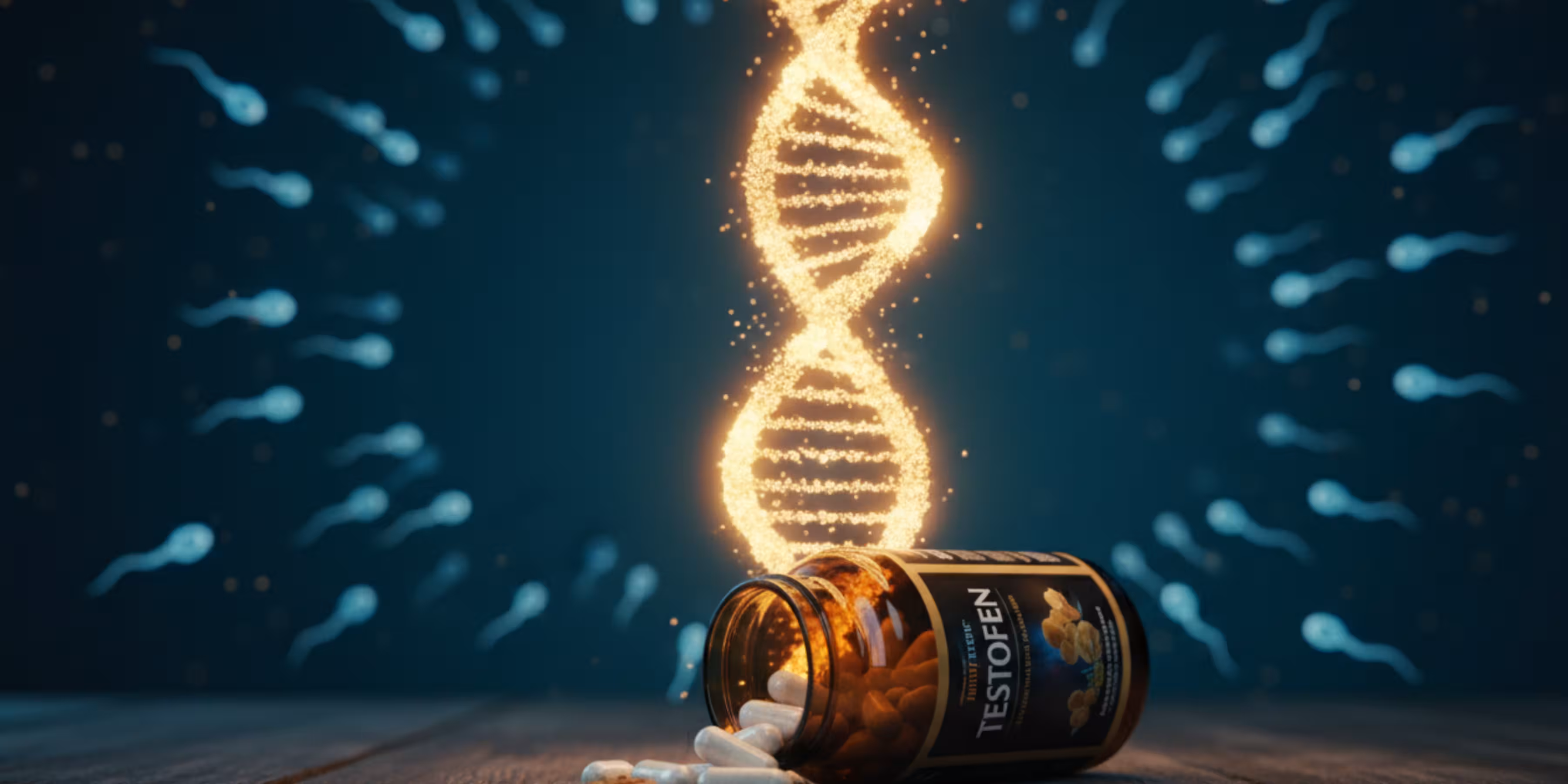 Testofen supplement with DNA strand visualization representing sperm DNA integrity