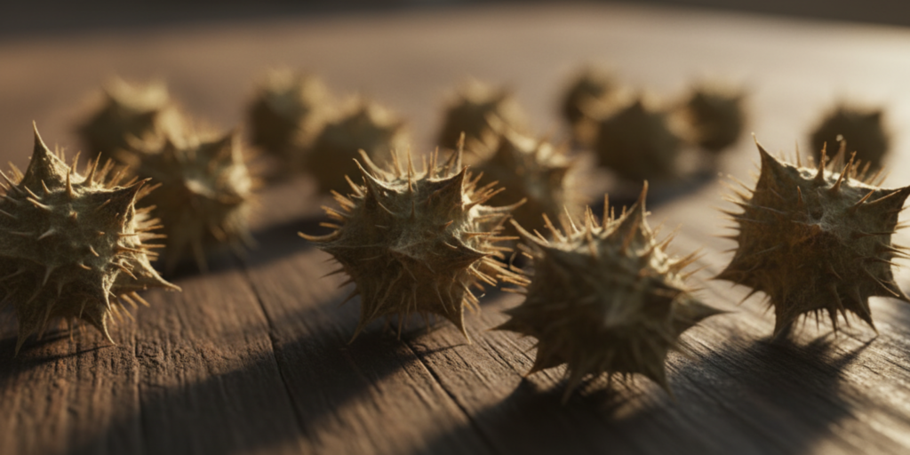Dried Tribulus terrestris fruits scattered on wooden surface