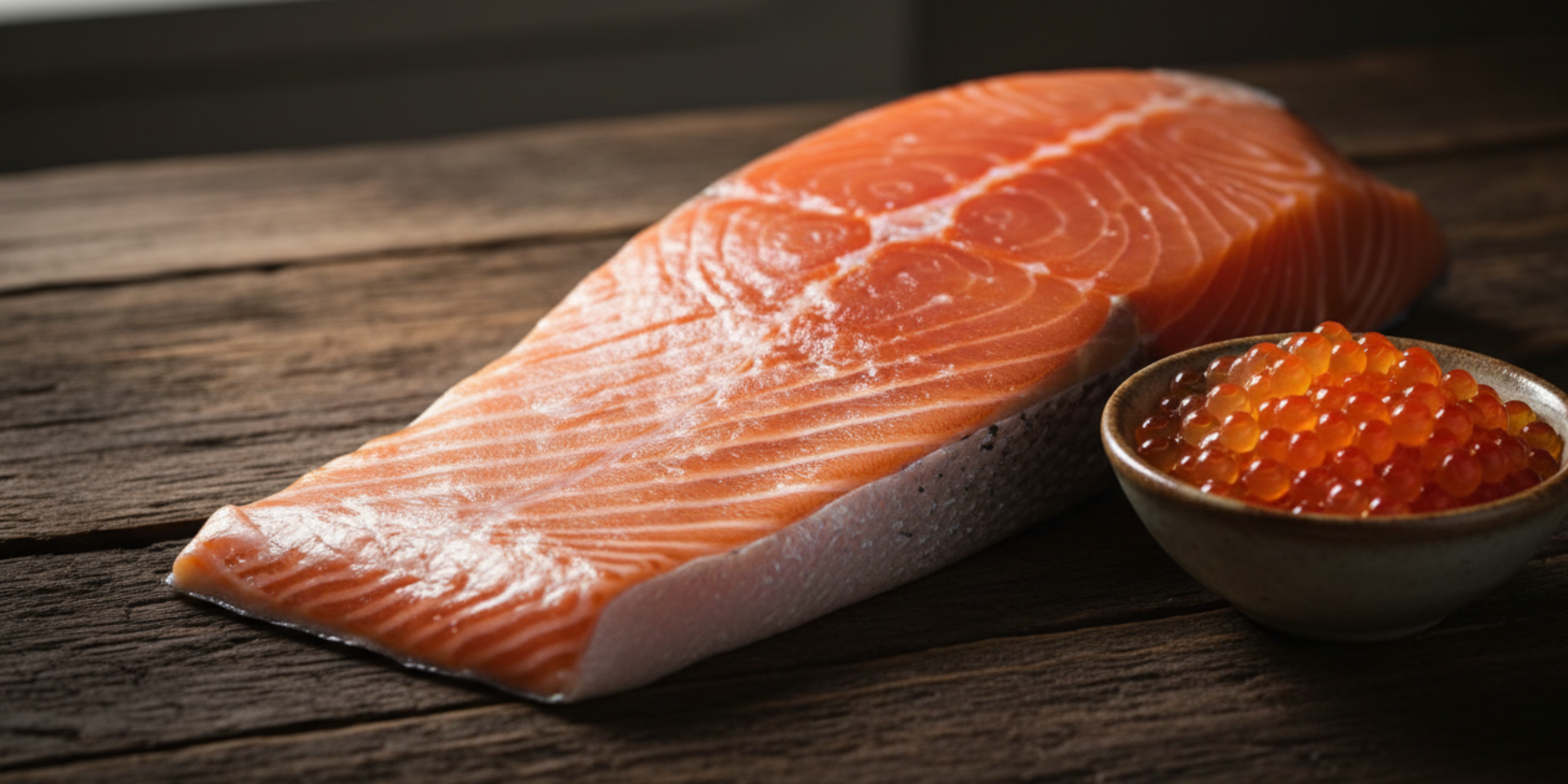 Vitamin D rich salmon fillet and eggs on wooden surface